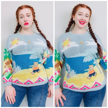 1990s Vintage Ramie Cotton Blue Novelty Beach Scene Sweater / 90s Teddy Bear Knit Design Jumper / Size Large 