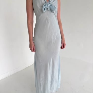 1930's Baby Blue Silk Halterneck Dress with Floral Embroidery And Bolero