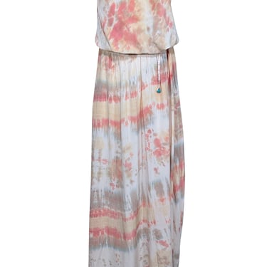 Gypsy - Yellow, Coral, & White Tie Dye Strapless Maxi Dress Sz S