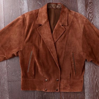 Brown Suede Leather Jacket Vintage 80's Simple Classic, Snap Front, 1980's CLEAN 38 