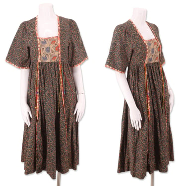 70s PJ WALSH peasant dress S, vintage 1970s mixed media cotton dress, 70s summer dress 