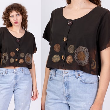 90s Painted Mandala Button Up Crop Top - Large | Vintage Brown Boho Grunge Cropped Short Sleeve Shirt 