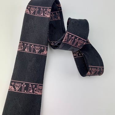 1950's Early 1960's Tie - Pink & Black - All Silk - Egyptian Images - Narrow Width 