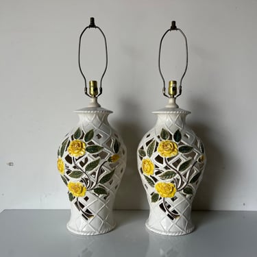 Hollywood Regency Italian Openwork Handmade Ceramic Table Lamps - a Pair 