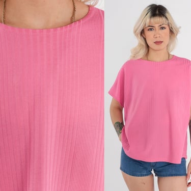 90s Pink Shirt -- Ribbed Polyester Tshirt Plain T Shirt 1990s Top Retro Tee Vintage Basic Normcore Bubblegum Pink Extra Large xl 