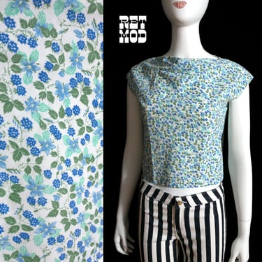 Pretty Vintage 50s 60s Blue Green White Little Flowers Printed Cotton Blouse 