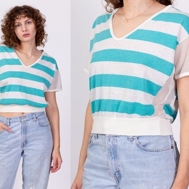 80s Blue & White Striped Mesh Cropped Shirt - Medium to Large | Vintage V Neck Sheer Panel Short Sleeve Crop Top 