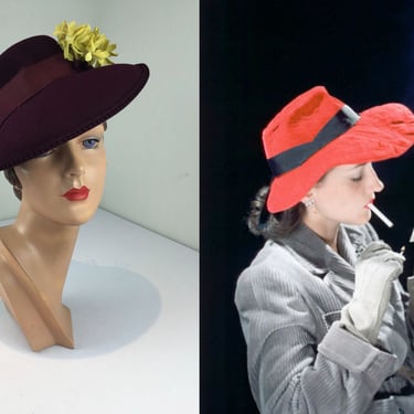 Her Daily Fashion - Vintage 1940s Burgundy Wine Wool Felt Slant Slouch Fedora Hat w/Yellow Florals 