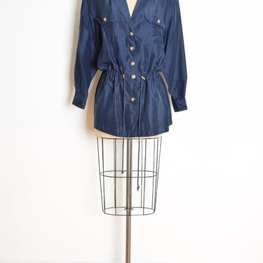 vintage 90s jacket top navy blue silk drawstring blouse shirt button up clothing 