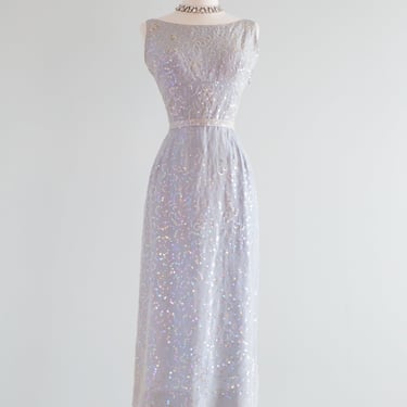 Elegant 1950's Samuel Winston Ice Blue Sequin Evening Dress / Small