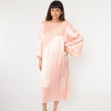 80s Pink Angel Sleeve Dress Ric Rac Trim Shiny Pleated Satin Party Vintage Midi Gown Evening Cocktail Formal 1980s Neiman Marcus Medium 8 