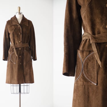 brown leather jacket | 70s vintage dark academia belted suede boho hippie trench coat 