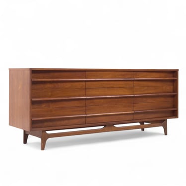 Young Manufacturing Mid Century Walnut Curved Lowboy Dresser - mcm 
