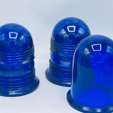 Vintage Set of (3) Kopp Blue Glass Airport Runway Light Cover Made in USA and an Unmarked Police Siren Lense - Blue Glass Collectible 