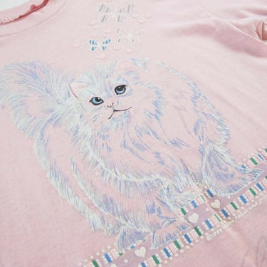 Vintage Cat Shirt M - Pastel Pink White Fluffy Cat T Shirt - Paper Thin Worn In - Chicago Illinois Souvenir Shirt - Kawaii Cute Kitty Shirt 