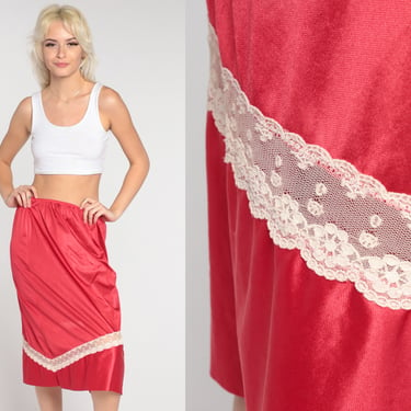 70s Red Slip Skirt Vintage Lingerie Half Slip Skirt Midi White LACE Slip Floral Pinup Pin Up Bohemian 1970s Small Medium 