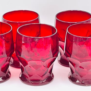 Pretty Set of (5) Ruby Red- Cranberry Glass  "Georgian" pattern drinking glasses- 4" tall 