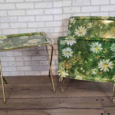 Set of 4 Green Flower Daisy TV Trays with Storage Rack 