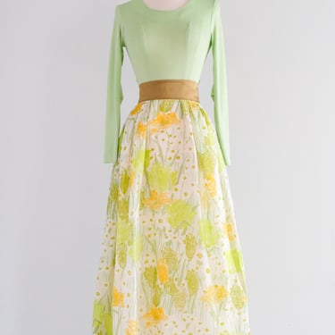 Vintage 1970's Garden Party Green &amp; Yellow Tulip Gown / XS