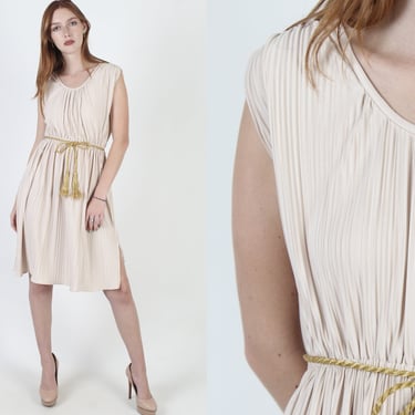 Ivory Pleated Grecian Dress / Toga Party Outfit / 70s Simple Disco Micro Pleated Midi Mini Dress 