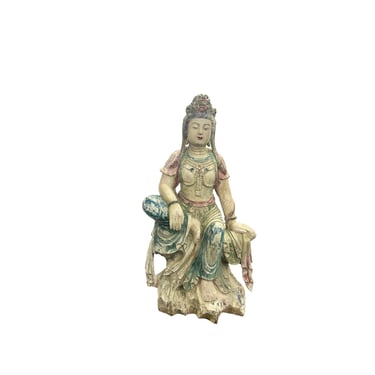 Vintage Chinese Color Paint Wood Rest Leg Bodhisattva Guan Yin Statue ws3793E 