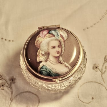 Antique French Cut Crystal Vanity or Patch Box Handprinted Marie Antoinette On Fine Porcelain Lid Original Mirror Gold Gilt Gift for Her 