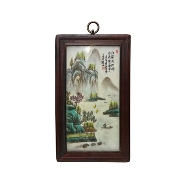 Chinese Wood Frame Porcelain Mountain Tree Scenery Wall Plaque Panel ws3397E 