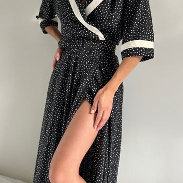 Vintage Charcoal Short Sleeve Silk Dress with Cream Polka Dots
