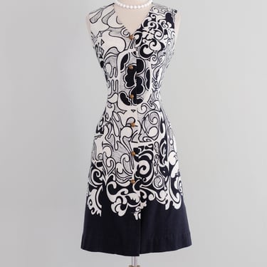 Vintage 1960's Black & White Textured Cotton Shift Dress by Andrade / M