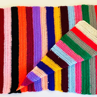 Vintage 1970s Retro Groovy Rainbow Color Stripe Crochet Throw Blanket Hippie Afghan 