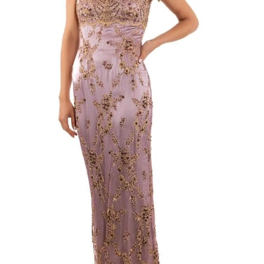 1990s Mauve Beige Silk Lace Gown Fully Beaded With Delicate Flowers 