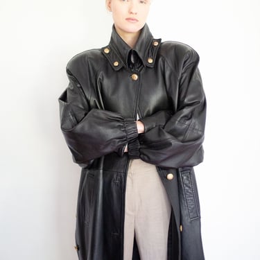 Vintage 1980s Donald Brooks Black Leather Coat with Gold Buttons Puffer Oversized Trench Minimalist Ruched Sleeves 