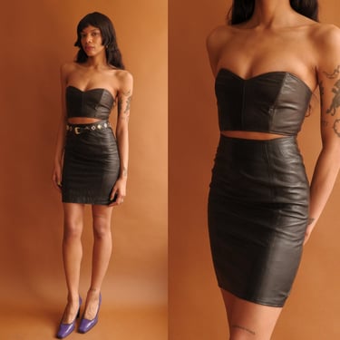Vintage 80s Black Leather Two Piece Set/ 1980s Bustier and Pencil Skirt/ Size XS 