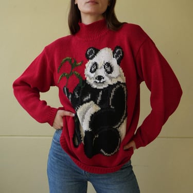 Vintage 1990's Panda Sweater / Hand Knit Intarsia Sweater / Mock Neck Knitwear / Panda Bear with Bamboo 