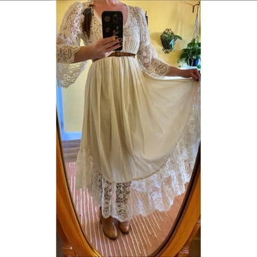 Vintage White Lace Gown Cottagecore Dress Fairycore Clothing Boho Wedding Hippie Clothes 