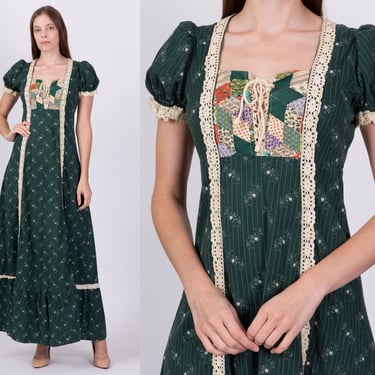60s 70s Forest Green Floral Prairie Maxi Dress - Small | Vintage Boho Puff Sleeve Crochet Trim Patchwork Hippie Gown 