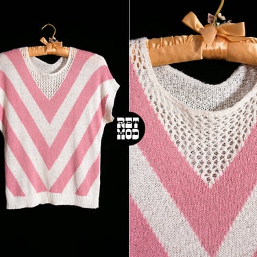 Cool Vintage 80s Pink & Slightly Off-White Chevron Stripe Knit Top 