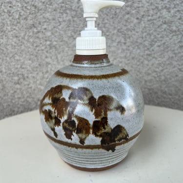 Vintage boho Soap Dispenser Studio Art Pottery Brown Grey signed 