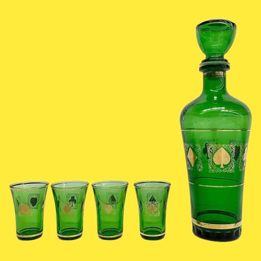 Vintage Decanter and Glasses Set Retro 1960s Mid Century Modern + Green and Gold + Glass + Playing Card Suites + Set of 5 + Bar +MCM Barware 
