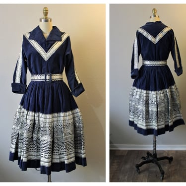 Vintag 1940s 50s Blue Corduroy Silver Patio dress circle skirt southwestern  // Modern Size 0 2 4 xs 