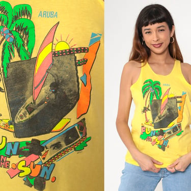 80s Aruba Tank Top Yellow Windsurfing Fun In The Sun Caribbean Islands Shirt Graphic Tank Top 90s Vintage Tropical Palm Tree Small S 
