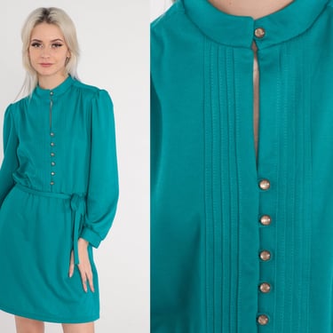 Teal Green Dress 80s Mini Dress Pleated Button Up Shirtwaist Long Puff Sleeve High Waisted Belt Secretary Preppy Chic Vintage 1980s Medium 