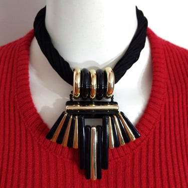 Fabulous Vintage 70s 80s Art Deco Vibes Black & Gold Sculptural Statement Necklace 