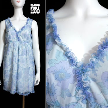 Adorable Vintage 60s 70s Light Blue Floral Sheer Babydoll Short Nightgown 
