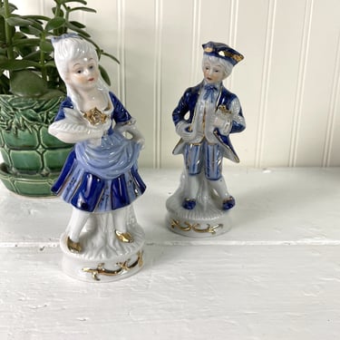 Regency couple porcelain figurines in blue, white and gold - vintage romantic decor 