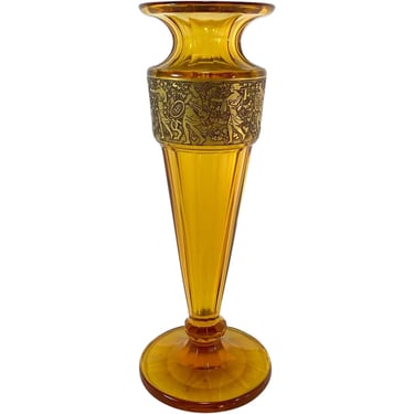 1920's Antique Bohemian Moser Karlsbad Amber Glass and Oroplastic Fipop Series Vase 