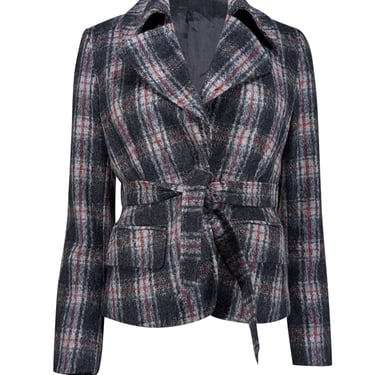 Max Mara - Grey Plaid Waist Tie Jacket Sz 4