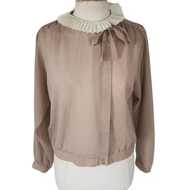 Vintage 80s Beige Blouse Microgrid Print Pleated Ruffled Collar  Pierre Cardin 