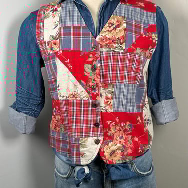 Vintage Patchwork Floral & Plaid Vest | Cottagecore Boho Waistcoat size L| Floral Vest | Patchwork Denim Vest | 1970's Denim Vest 