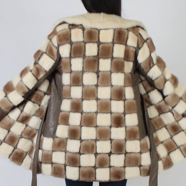 Checkered Blonde Mink Trench Coat, Plush Mod Leather Belted Overcoat, 70s Geometric Print Spy Jacket 